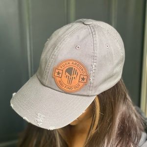 Womens distressed Grey hat fuck around find out leatherette patch
